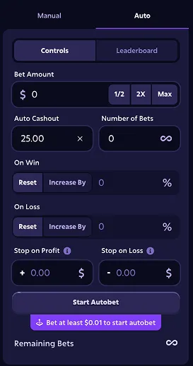 Crash autobet controls