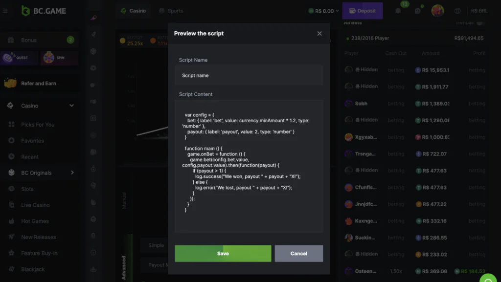 A screenshot of a crash gambling script or software. The interface displays a graph with a rising curve, indicating the increasing value before the crash. Users can place bets at various points on the graph, and the game's outcome is determined by when the curve crashes. The design features a sleek and modern layout, providing an engaging experience for players participating in crash gambling activities on the website.